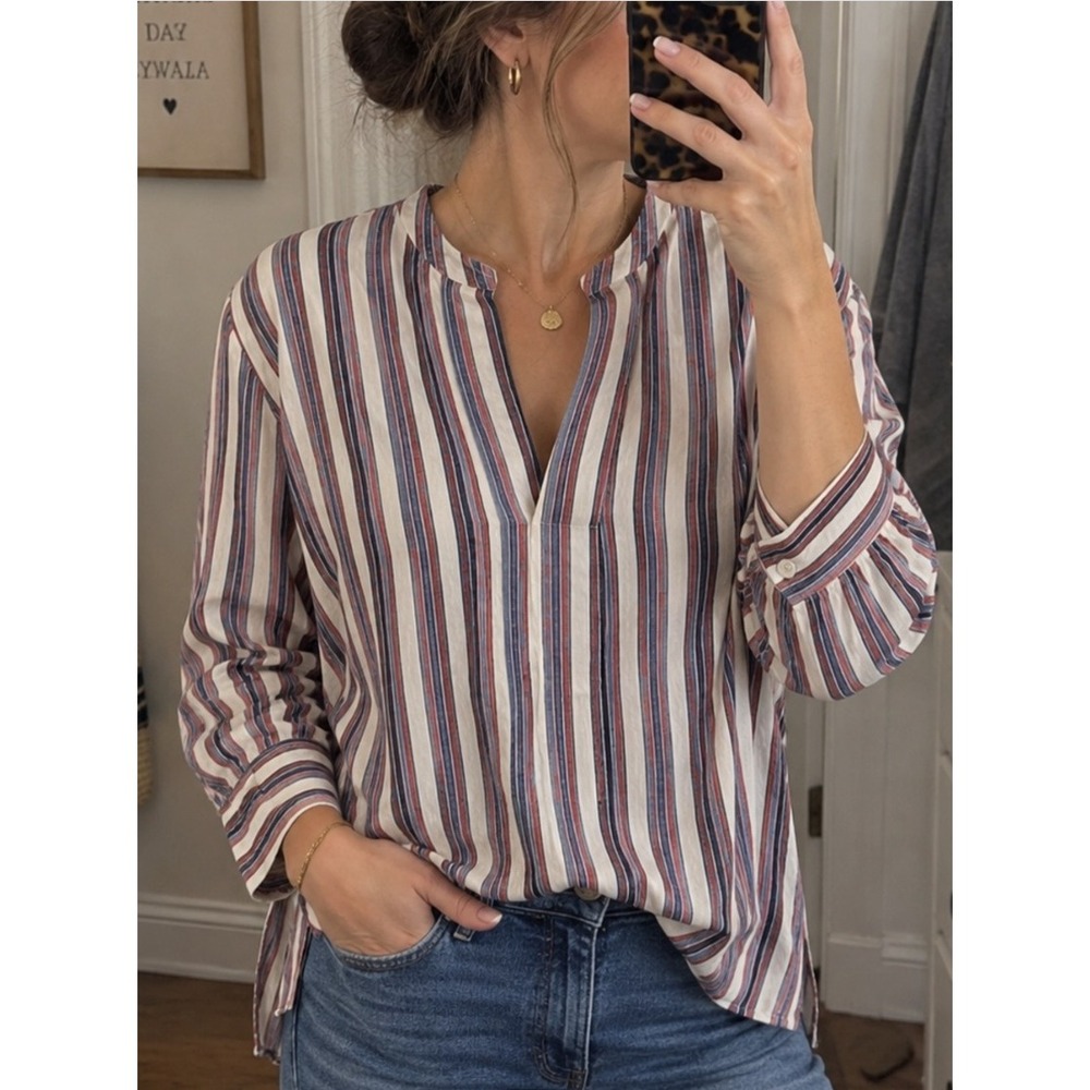 J.Crew Striped Popover Blouse 12 Red Blue White Cotton Split Neck Tunic